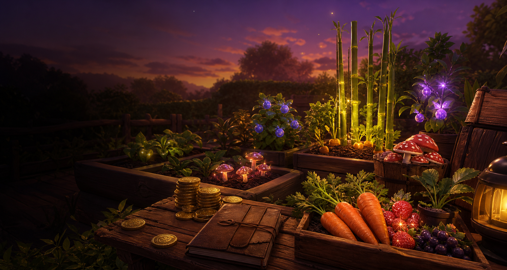 Dusk garden hero artwork with glowing crops, brass coins, and a rustic ledger table